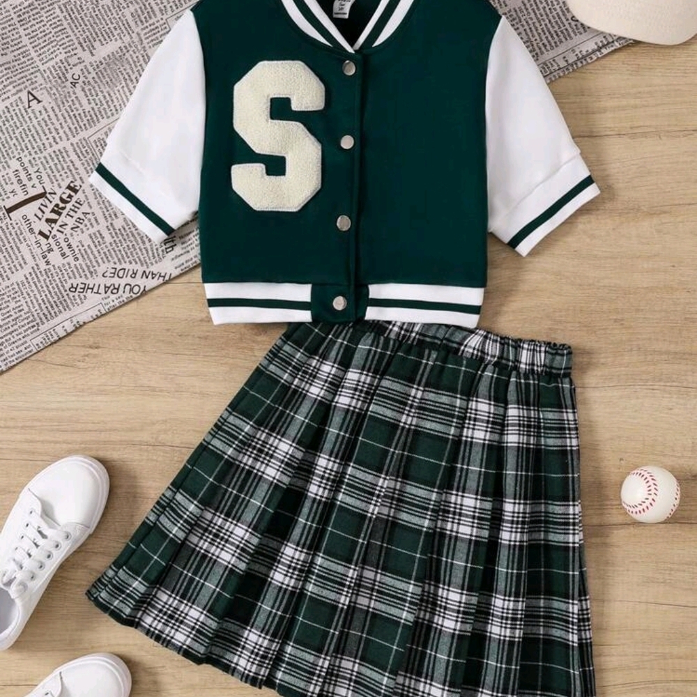 Green and White Varsity Jacket with Plaid Skirt Set
